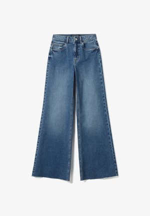 Blaue weit geschnittene Jeans aus Denim mit hoher Taille, fünf Taschen, Knopf- und Reißverschluss sowie rohen Saumkanten.