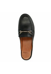Black leather slip-on shoe with a rounded toe, gold-toned hardware accent, and a brown interior. Smooth texture and minimalist design.