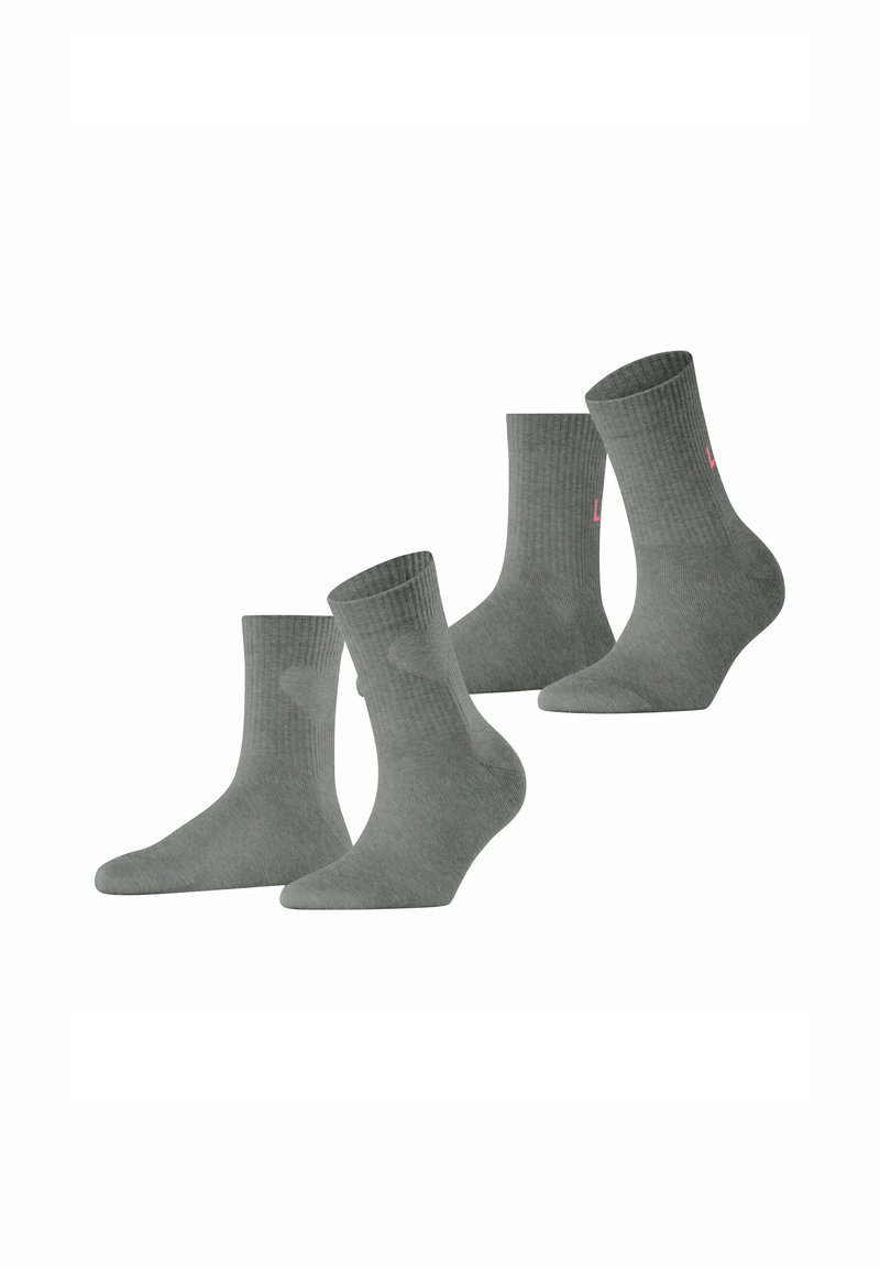 Graue Baumwollsocken mit geripptem Muster und Knöchellänge, mit einem kleinen Logo in Pink an der Seite. Vier Paar sind enthalten.