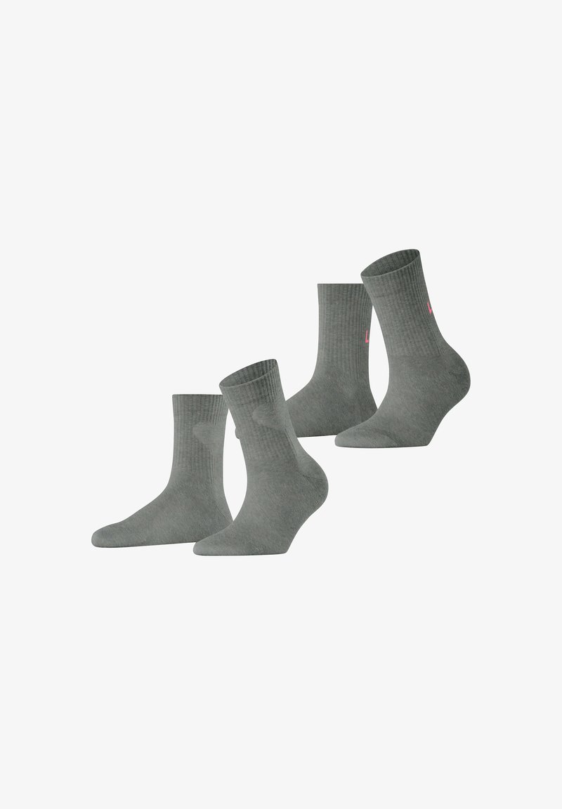 Graue Baumwollsocken mit geripptem Muster und Knöchellänge, mit einem kleinen Logo in Pink an der Seite. Vier Paar sind enthalten.