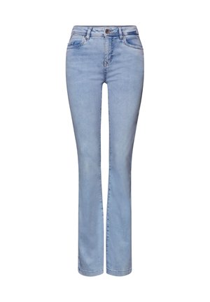 Light blue high-waist denim jeans with front button and zipper, straight legs, and classic five-pocket design.