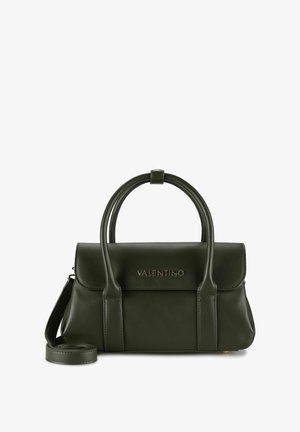 Bolso de mano de cuero Valentino verde oscuro con dos asas redondeadas, correa de hombro desmontable y logo metálico en la solapa frontal.