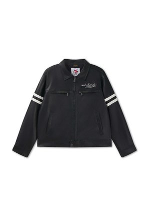 Czarna kurtka na zamek z białymi paskami na rękawach, dwoma przednimi kieszeniami i haftowanym napisem ""ed hardy"" na piersi.