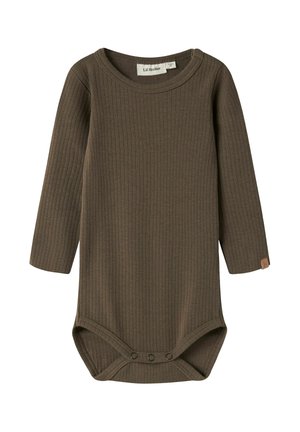 Body bébé marron à manches longues en maille côtelée, col rond et boutons-pression à l’entrejambe pour faciliter le change.