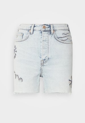Light wash denim shorts feature frayed hem, embroidered floral designs in blue, and traditional five-pocket styling with metal button closure.