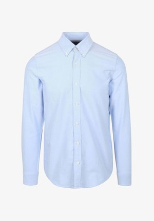 Lichtblauw overhemd met lange mouwen, gemaakt van een gladde stof, met een puntige kraag en knoopsluiting aan de voorkant.