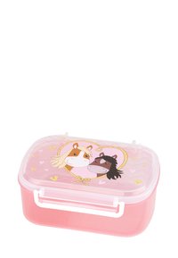 Rosa Plastik-Lunchbox mit einem transparenten Deckel, der Illustrationen von zwei Pferden, goldenen Akzenten und einem dezenten Herzmuster zeigt.