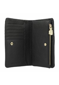 Portafoglio in pelle nera con finitura testurizzata, multiple fessure per carte, chiusura a pulsante a scatto e tasca esterna con zip e hardware dorato.