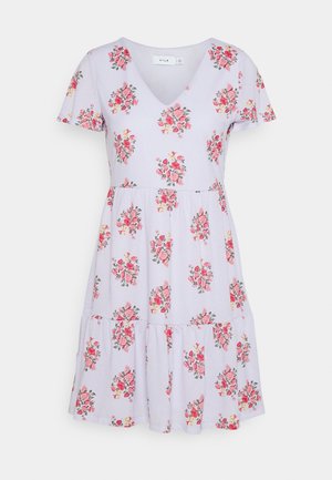 Light purple short-sleeve dress with V-neck and tiered skirt, decorated with pink and red floral patterns throughout.