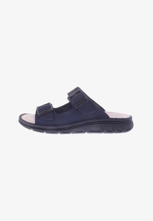 Blue synthetic slide sandal with two adjustable straps, textured footbed, white insole, and a thick black rubber sole.