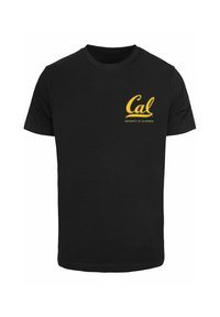 Tricou din bumbac negru cu logo galben "Cal" și textul "Universitatea din California", cu mâneci scurte și un gât în formă de cerc.