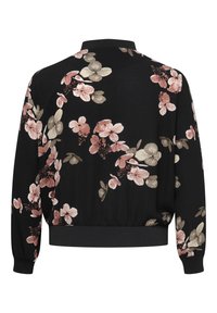 Veste noire à manches longues avec imprimé floral rose clair et beige et bords-côtes aux poignets et à la taille, vue de dos.