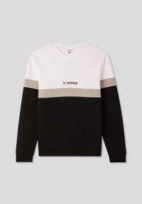 Felpa a maniche lunghe con collo a girocollo, caratterizzata da blocchi di colore bianco, beige e nero, con la scritta "5th Avenue Upper East Side" sul petto.