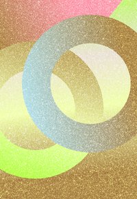 Grafikai tervezés, amely átfedő kör alakú formákat ábrázol, eltérő kék, sárga, zöld és barna árnyalatokban, illetve textúrált, csillogó megjelenéssel.