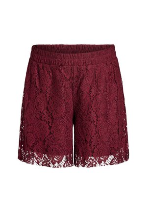 Burgundy lace shorts with an elastic waistband, featuring floral patterns and scalloped hem, showcasing intricate lace texture.