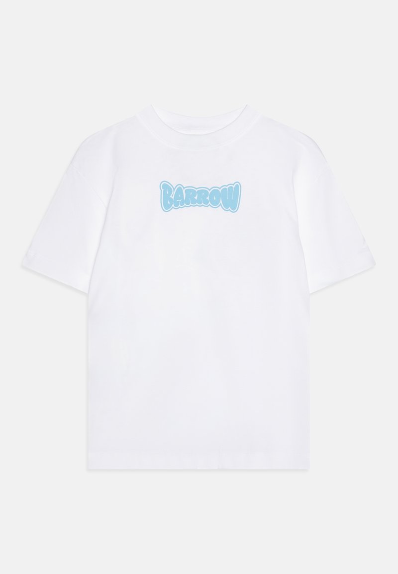 T-shirt blanc à manches courtes avec texte bleu en style bulles "BARROW" centré sur la poitrine.