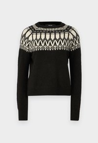 Stickad tröja med ett vitt geometriskt mönster på en svart kropp, rund halsringning, långa ärmar, med en texturerad yta och ribbad nederkant.