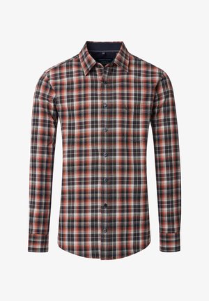 Langärmliges Karohemd in den Farben Rot, Schwarz und Weiß. Mit Knopfleiste, Kentkragen und Brusttasche auf der linken Seite. Aus Baumwollstoff.