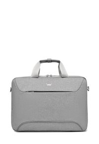 Hellgraue Laptop-Tasche aus Stoff mit doppelten Griffen, einer vorderen reißverschlossenen Tasche und dezentem Logo in der Mitte über der Tasche.