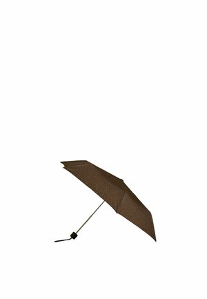 Kompaktowy brązowy składany parasol z metalowym trzonkiem i czarną rączką, pokazany w pełni rozłożony na białym tle.