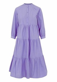Vestido de lavanda en capas hecho de algodón ligero, con cuello alto, cierre de botones y mangas largas abullonadas con puños elásticos.