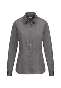 Camicia grigia con bottoni e maniche lunghe, realizzata in tessuto testurizzato. Presenta un colletto classico e bottoni argentati lungo la parte anteriore.