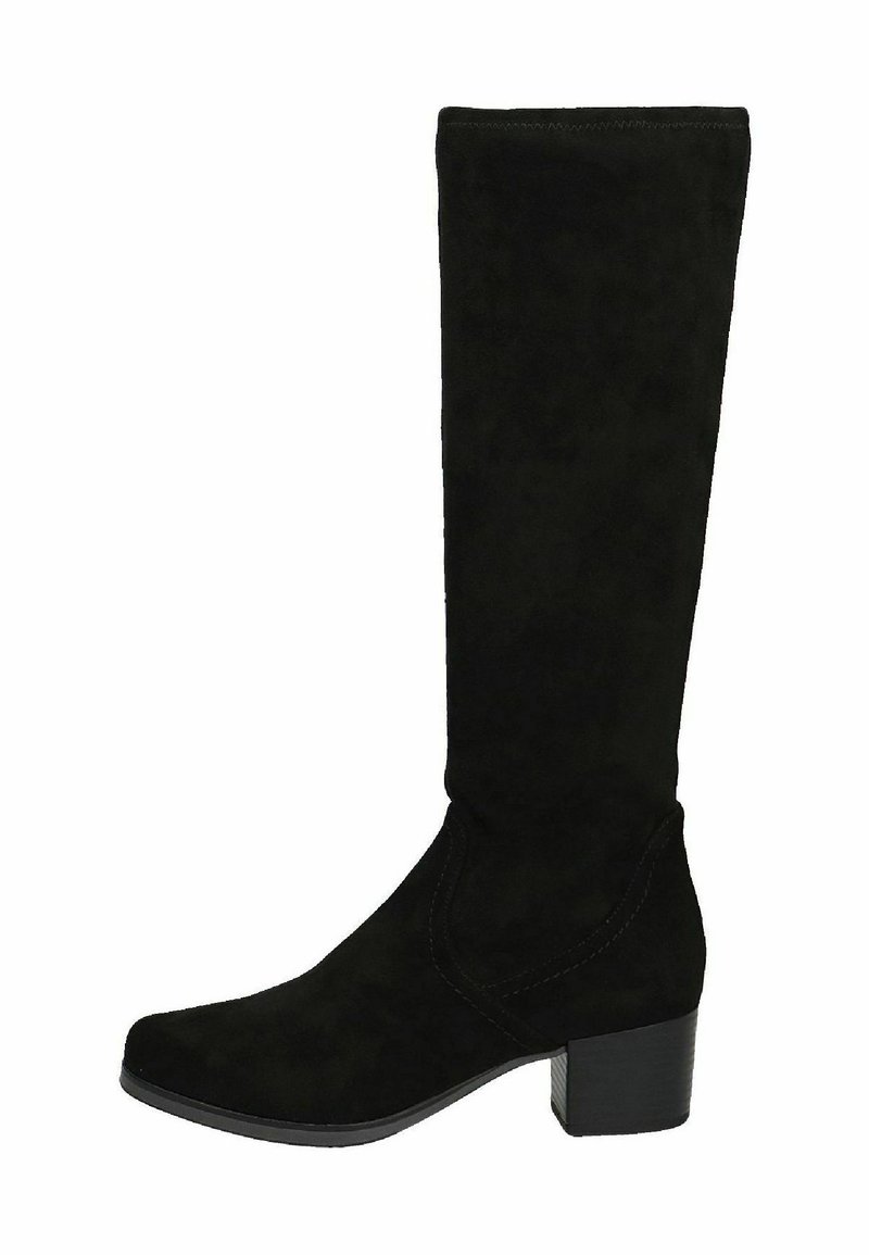 Black suede knee-high boot with a square toe and block heel. Features a smooth texture and simple stitching details.