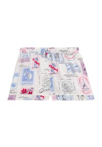 Vita shorts med en färgglad vykortsdesign med blå, rosa och röda detaljer. Elastisk midja och en avslappnad passform.