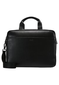 Svart läderväska med en jämn textur, rektangulär form, topphandtag och en avtagbar axelrem. Har en subtil logo på framsidan.