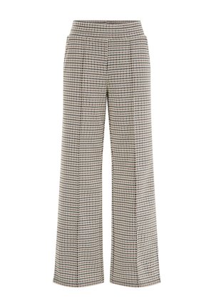 Szerokie spodnie z wysokim stanem w kratę w odcieniach czerni, bieli i brązu.