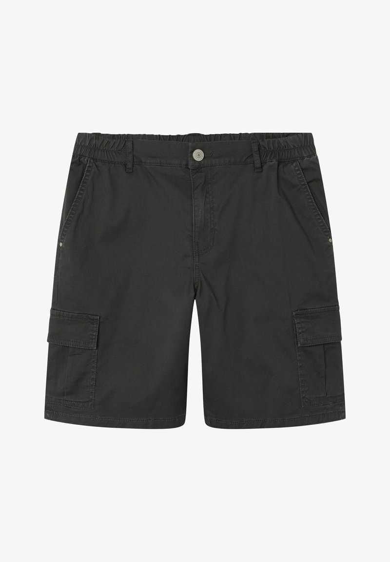 Black cargo shorts featuring an elastic waistband, a front button closure, and side pockets with flap accents. Smooth fabric texture.
