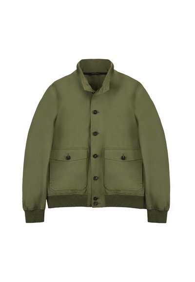 Olive green jacket, lightweight material, button-down front, two large front pockets, ribbed cuffs and hem, minimalistic collar design.