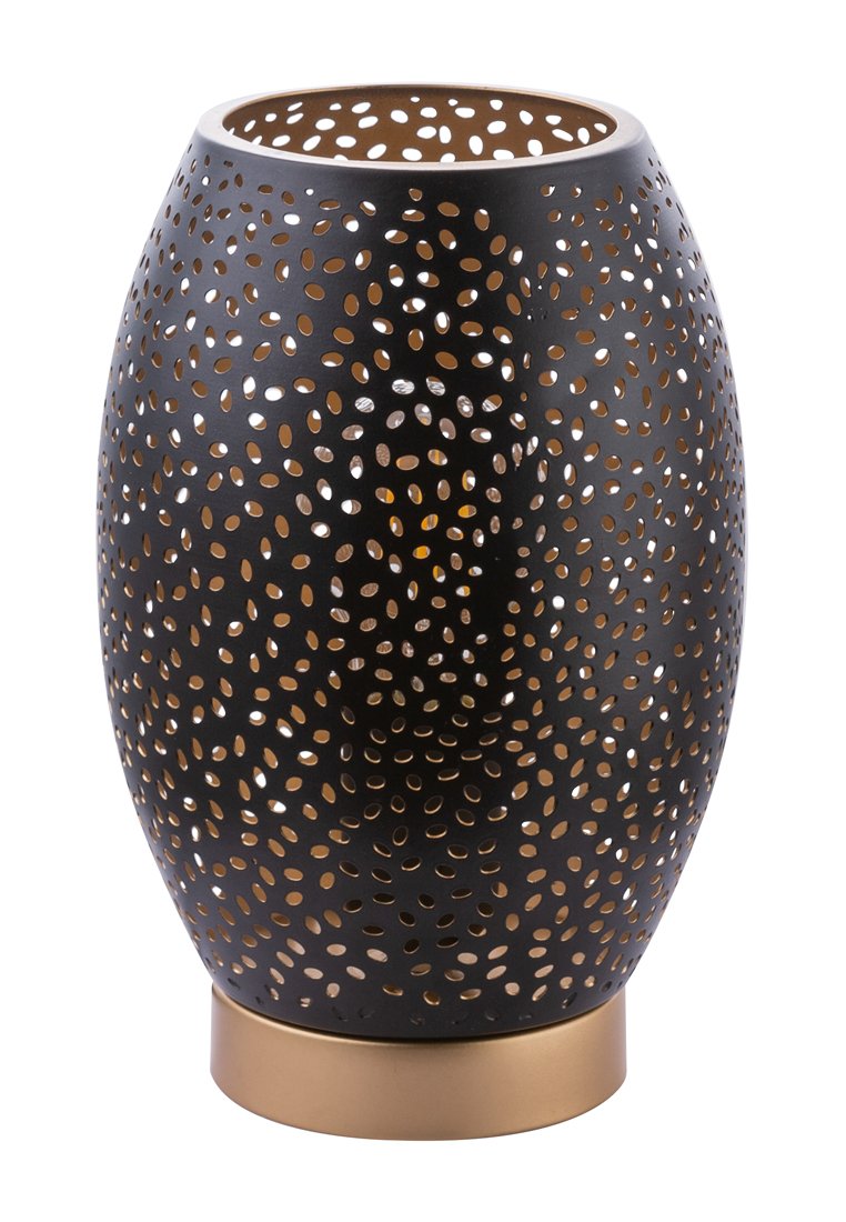 Lampe en métal noir avec des accents dorés et un design perforé, présentant des découpes ovales de différentes tailles pour la diffusion de la lumière.