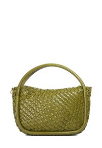 Woven green leather handbag with a rounded handle, featuring a smooth texture and a seamless design. Accents include a gold hardware loop.