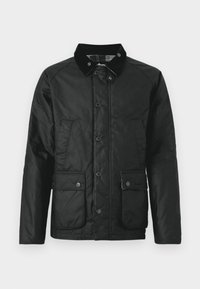 Veste noire imperméable avec un col en velours, des boutons pression, deux poches avant et une texture douce. Dotée d'une doublure à carreaux.