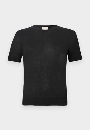 T-shirt noir à manches courtes en tissu léger et texturé. Col rond avec une finition côtelée subtile aux manches et à l'ourlet.