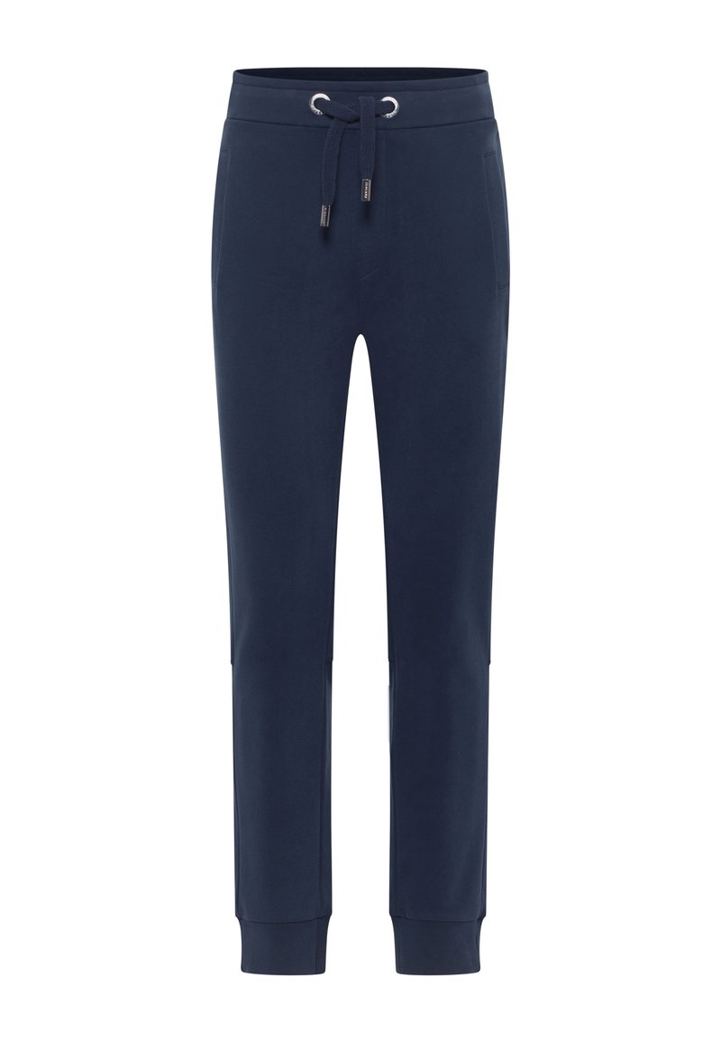 Marineblaue Sweatpants aus weichem Stoff, mit einem Kordelzugbund, seitlichen Taschen und schmal zulaufenden Beinen mit gerippten Bündchen.