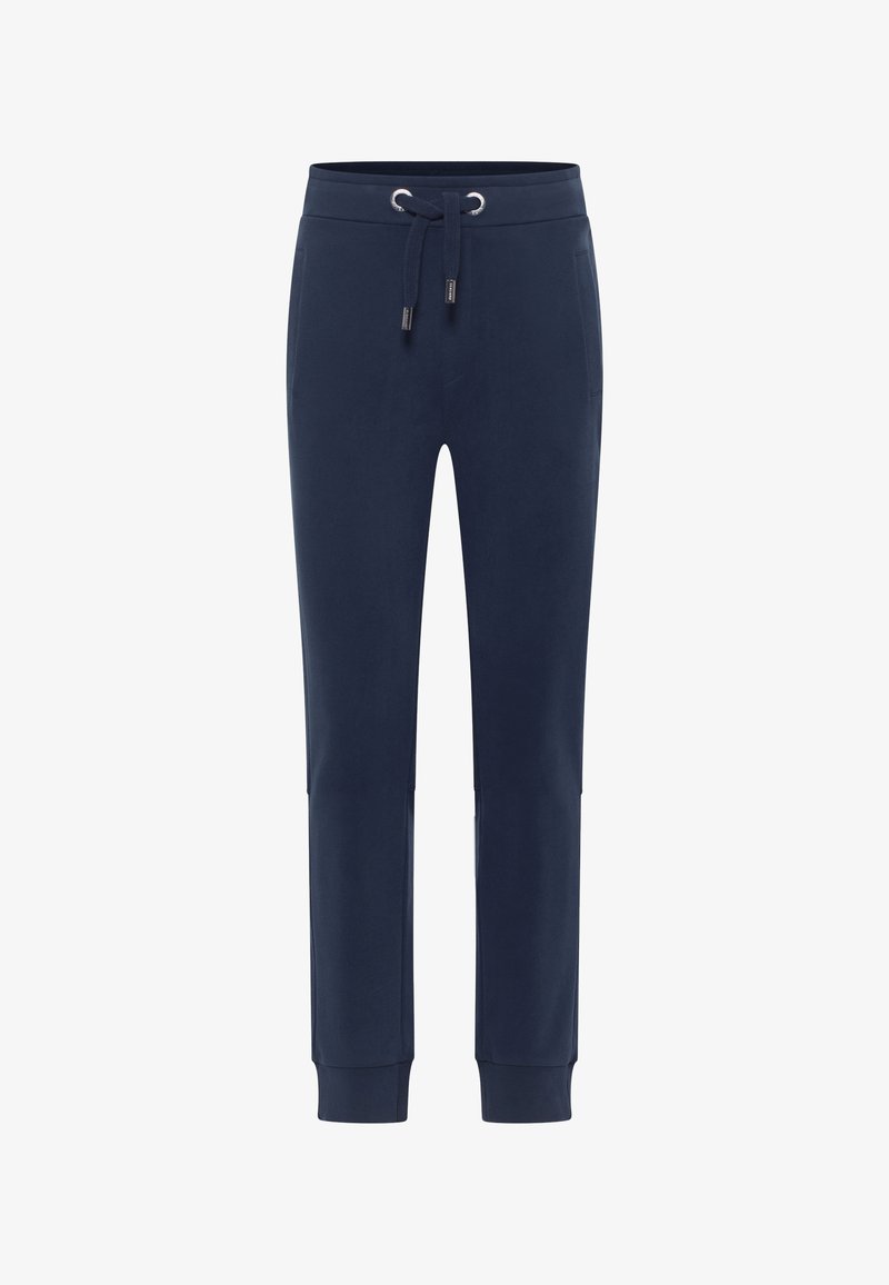 Marineblauwe sweatpants van zacht materiaal, met een trekkoord in de taille, zijzakken en taps toelopende benen met ribgebreide boorden.