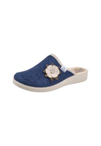 Pantofole blu navy slip-on con tomaia in tessuto testurizzato, embellimento beige e fiore decorativo in feltro sul lato. Suola in gomma bianca.