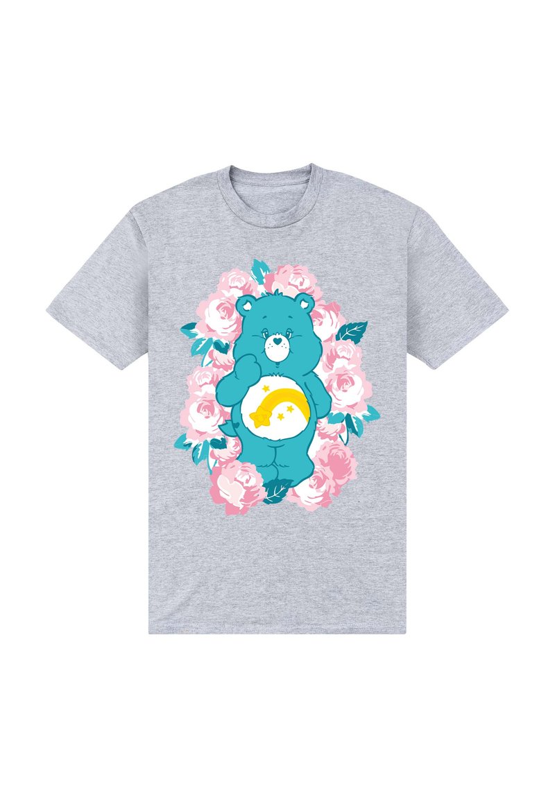 Szara bawełniana koszulka z graficznym nadrukiem niebieskiego misia otoczonego różowymi różami, z żółtym i białym wzorem na brzuchu misia.
