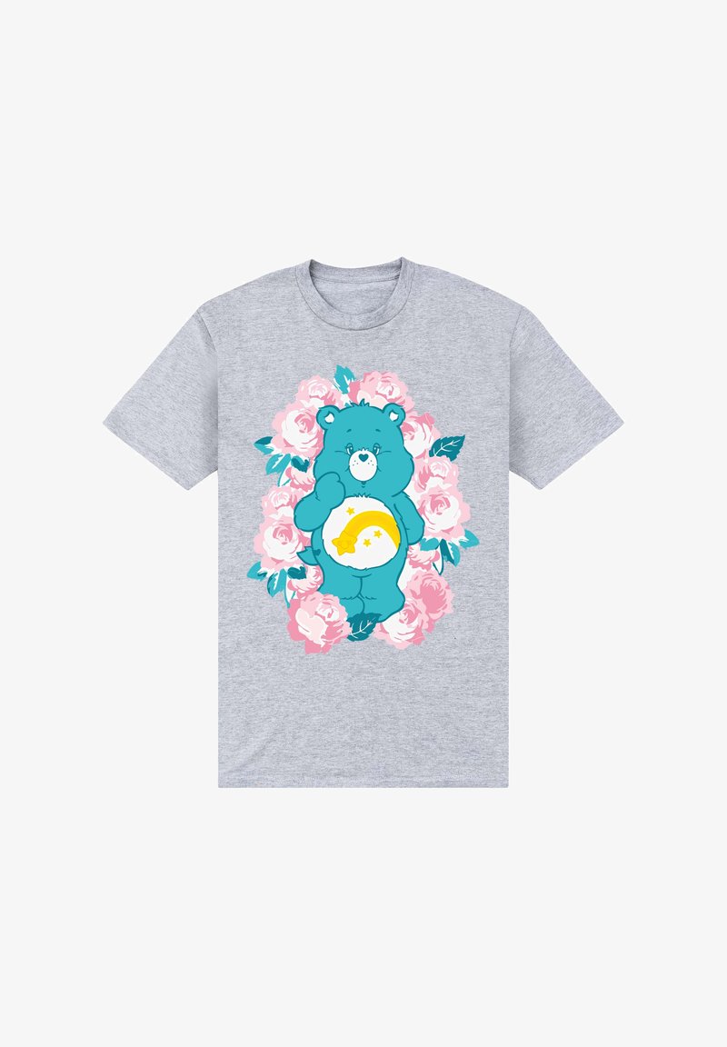 Szara bawełniana koszulka z graficznym nadrukiem niebieskiego misia otoczonego różowymi różami, z żółtym i białym wzorem na brzuchu misia.