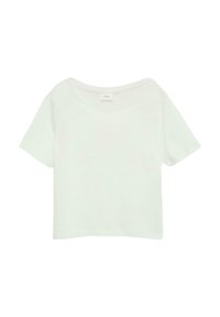 Bawełniany t-shirt z krótkim rękawem w jasnym miętowym kolorze, z szerokim dekoltem i luźnym krojem. Gładka tekstura, bez wzorów ani ozdób.