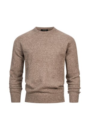 Brauner Strickpullover mit langen Ärmeln, runder Halslinie und geripptem Saum. Hergestellt aus einem weichen, strukturierten Material. Keine Muster oder Akzente sichtbar.
