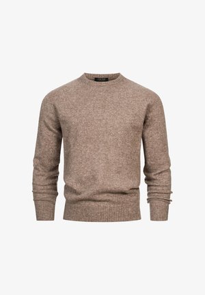 Pulover tricotat maro cu mâneci lungi, guler rotund și tiv zimțat. Fabricat dintr-un material moale, texturat. Nu are modele sau accente vizibile.