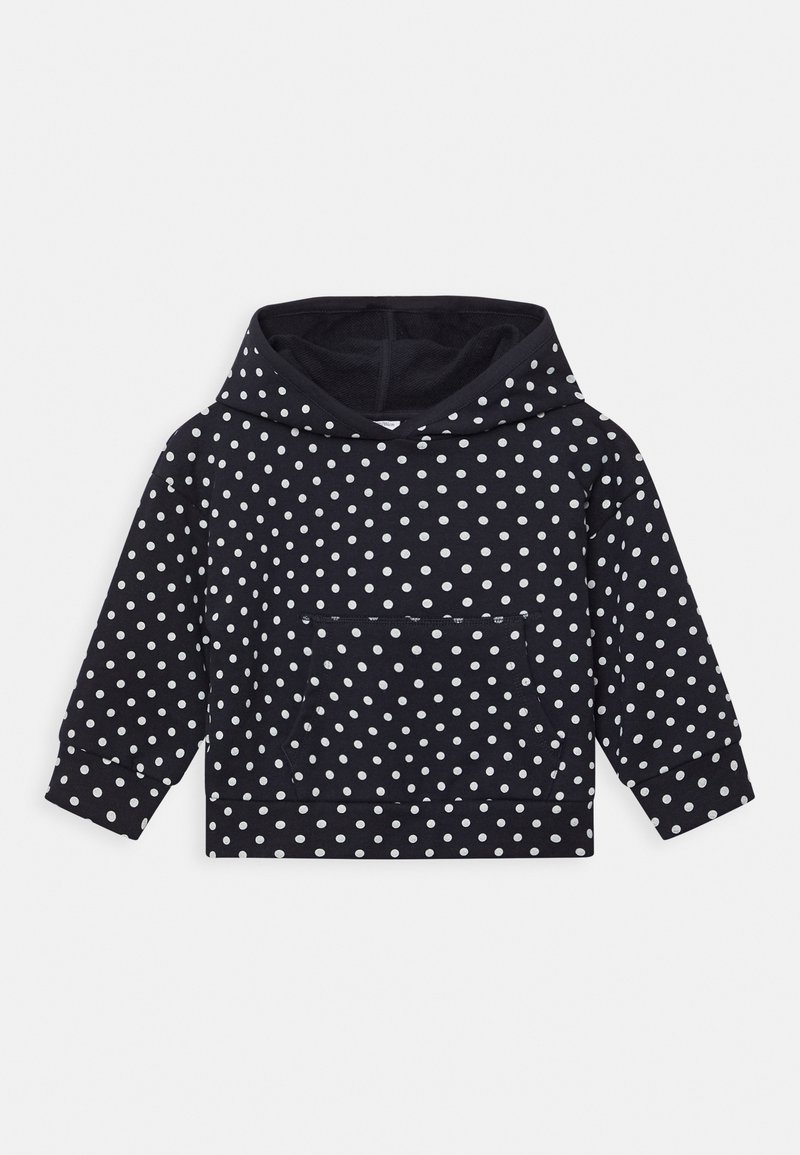 Sweat à capuche noir à pois blancs, manches longues, poche kangourou devant et capuche doublée, posé à plat sur un fond blanc.