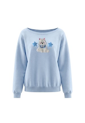 Lyseblå sweatshirt med lange ærmer, med en tekstureret hvid hund og to blå stjerner broderet på brystet.