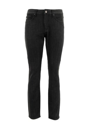 Los jeans de denim negro presentan un diseño de pierna recta ajustada, cinco bolsillos y una cierre frontal con botón, con un sutil logo de la marca en el bolsillo trasero.