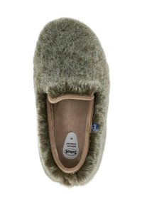 Chausson en fourrure verte avec un bout arrondi, intérieur rembourré et semelle beige. Présente une étiquette indiquant "Scholl" et taille 38.