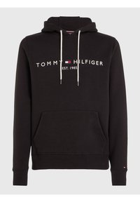 Sudadera de algodón negra con un bolsillo frontal, cordones blancos y el logotipo bordado "TOMMY HILFIGER". Presenta puños y dobladillo acanalados.