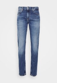 Blå denimjeans, rak bendesign, tvättad med blekningar, femficksstil, metalldknappstängning, sömnadsdetaljer längs sömmarna.